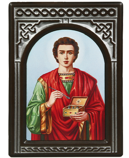 Икона-хачкар "Святой Пантелеймон " в резной рамке, 21 х 15