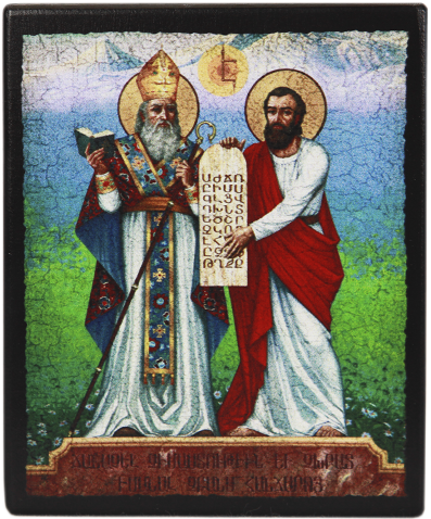 Икона "Святой Саак Партев и Святой Месроп Маштоц" на деревянной основе, 12 х 10