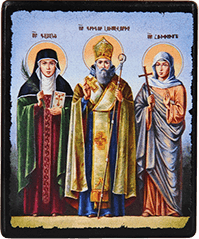 Икона "Святые Гаяне, Григорий Просветитель, Рипсиме" на деревянной основе, 12 х 10