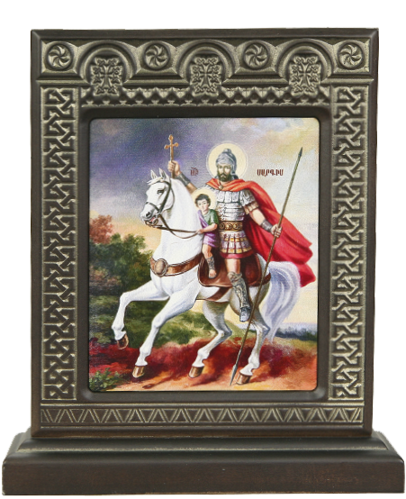Икона-хачкар "Военачальник Святой Саркис и Святой Мартирос" в резной рамке, 20 х 17