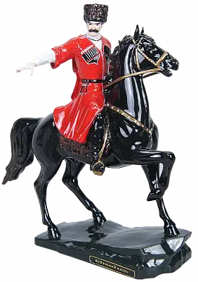 Статуэтка Кубанский казак на черном коне малый (ручная роспись)
